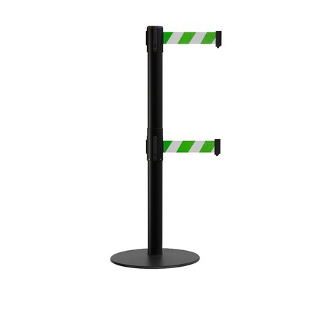 Stanchion Dual Belt Barrier Flat Base Black Post 7.5ftGrn/Whi Belt